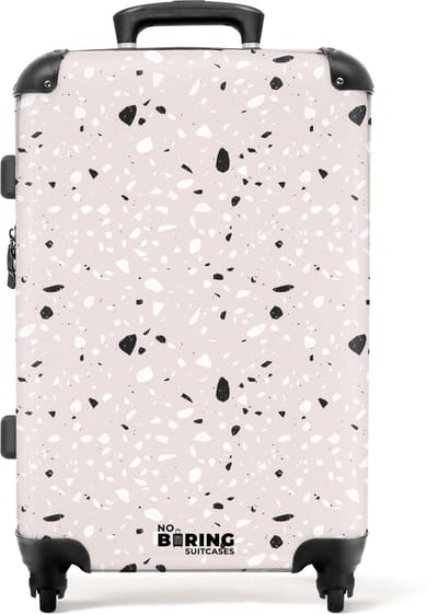 NoBoringSuitcases.com - Grote koffer - Terrazzo patroon beige met zwart en wit - Kinderkoffer geschikt voor jongen en meisjes - Reiskoffer met 4 wielen - Trolley op wieltjes - Rolkoffer groot kinderen - 72 liter - Ruimbagage valies 20kg