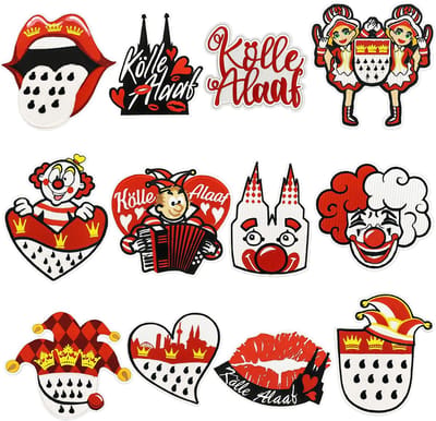 Dailygoods- Opstrijkpatches 12 stuks - Rood-witte Carnaval - Clown/Motieven - Kölse Kostuums - Creatieve Ontwerpen - Ca. 2,5 x 2,4 cm - Carnaval Patches