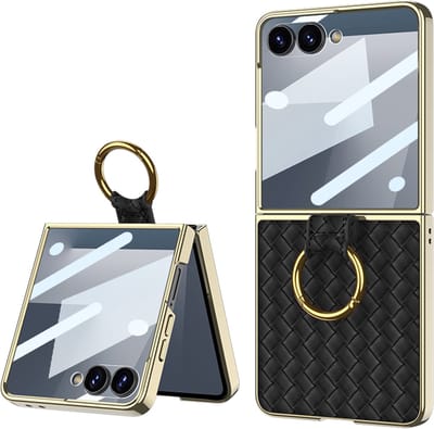 Casemania Hoesje Geschikt voor Samsung Galaxy Z Flip 7 - Charcoal Gray - Luxe Kunstlederen Backcover met Gevlochten Uitstraling - Backcover Telefoonhoesje met Ingebouwde Tempered Glazen Screenprotector en Ring
