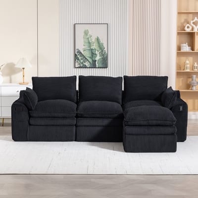 DESMIU Hoekbank 263 x 167 x 85 cm - Modulaire 3-Zits Met Hocker, Kussens En Zijvakken - Voor Woonkamer En Kantoor - Corduroy Zwart