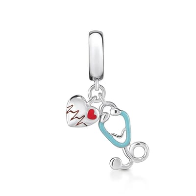 Fler® | Bedel | Past op populaire bedel armbanden (standaard-3mm) | armbandbedel | Bedel Stethoscoop met kloppend Hart | HangBedel Charm | 925 zilver | dokter charm | Emaille rood, lichtblauw | Verjaardagsgeschenk, Sinterklaas kado, kerstcadeau |