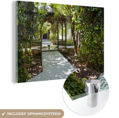 ® Glasschilderij 180x120 cm - Schilderij acrylglas - Mooie paden in de Majorelletuin in Marokko - Foto op glas - Muurdecoratie woonkamer - Wanddecoratie slaapkamer - Schilderijen