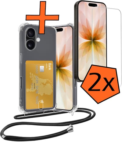 Hoesje Geschikt voor iPhone 17 Hoesje Met Telefoonketting Pasjeshouder Shockproof Case Met 2x Screenprotector Koord - Hoesje Geschikt voor iPhone 17 Hoes Met Kaarthouder - Transparant