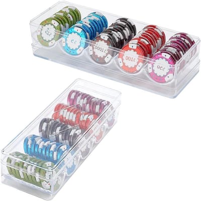 Doorzichtige pokerchip-tabletts van kunststof voor casino poker - set van 2 - met chiphouder en afdekking - geschikt voor 100 chips per tablet.