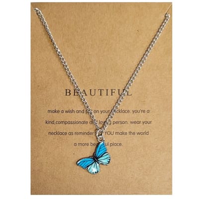 Fako Bijoux® - Doe Een Wens - Vlinder Ketting - Make A Wish - Beautiful - Blauw - Ketting Inclusief Kaart Met Tekst - Zilverkleurig