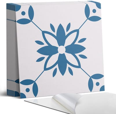 Coloray Plaktegels - Bloemenpatroon met bladeren Portugese Tegels - 30 cm x 30 cm - Blauw Plaktegels - 9 stuks - Vierkant PVC Tegels - Plaktegels Keuken - Zelfklevende Vloertegels - Vinyl Tegels Zelfklevend - Zelfklevende Tegels