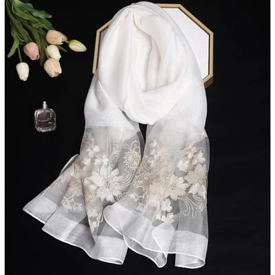 Luxe Zijden Sjaal Scarf Voor Vrouwen Design Borduurwerk Bloemen Hijab Wraps Bufandas Vrouwen Hoofddoek Fouloud Echarpe 80x190cm white