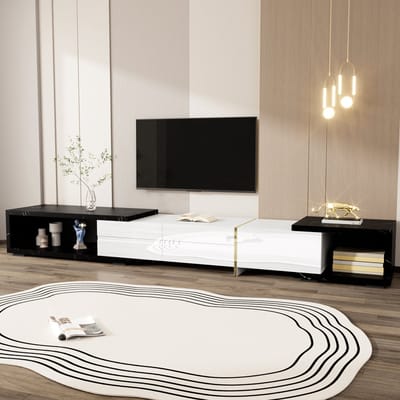 REDOM TV-meubel 140-260x40x30 cm van MDF & spaanplaat, verstelbaar en draaibaar, zwart marmer en wit hoogglans