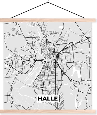 Posterhanger incl. Poster 40x40 cm - Schoolplaat - Duitsland - Plattegrond - Kaart - Halle - Stadskaart - Textielposter - Blanke latten - Stadskaart
