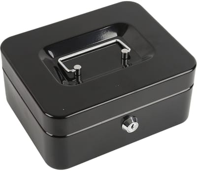 Geldcassette van plaatstaal, afsluitbaar met 2 sleutels & inzetstuk voor hard geld, zwart, 200 x 161 x 89 mm