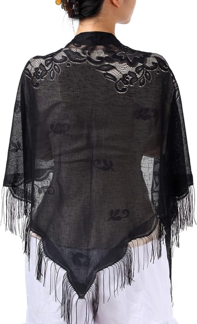 Dailygoods- Sjaal Elegante Kanten - Driehoekige Mantilla - Bloemenprint - Kwastjes - 180 cm - Perfect voor Feestelijke Gelegenheden - Hoofddoek