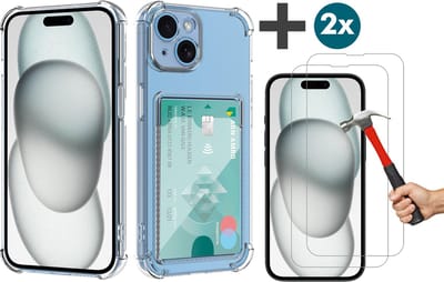 Hoesje Geschikt voor iPhone 15 Hoesje Met Pashouder Siliconen Shockproof Case - Arara Backcover met 2 stuks screenprotectors - Transparant