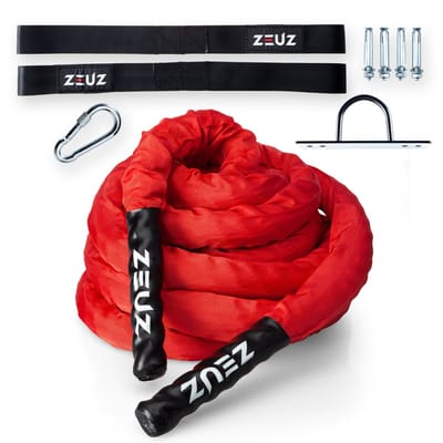 ZEUZ 9 Meter Battle Rope inclusief Bevestigingsmateriaal – Training Touw voor Fitness & CrossFit – Rood