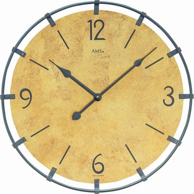 AMS W9616MO - Wandklok - Analoog - Rond - Hout - Metaal - Cijfers/Strepen - Geel/Goudkleurig - Zwart - D 40 x 3 cm