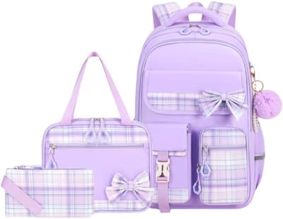 Ulisem - Rugzak voor meisjes – Schattige - waterdichte ruitjesrugzak met grote inhoud - preppy stijl met strik – Geschikt voor basisschool en middelbare school – Inclusief Kawaii-lunchbox en etui - Paars