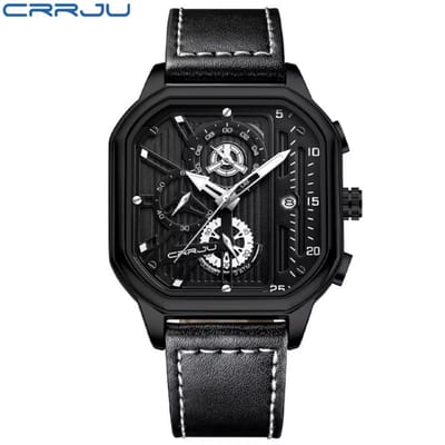 CRRJU Horloge 2302 – Full Black Zilverkleurig – Heren – Vierkante Kast – Quartz – 43 mm – Lederen Band – Chronograaf – Kalender – Waterbestendig – Stoer - Minimalistisch - Modern