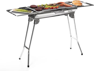 Roestvrijstalen Vouwbarbecue Draagbaar en Opvouwbaar Design Voor Houtskool Met 2 Zijplanken en Ventilatiegaten Ideaal voor Buiten: Tuin Camping Strand Staal Barbecue