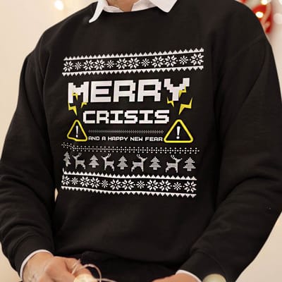 Foute Kerst Trui Zwart Merry Crisis & A Happy New Fear XS