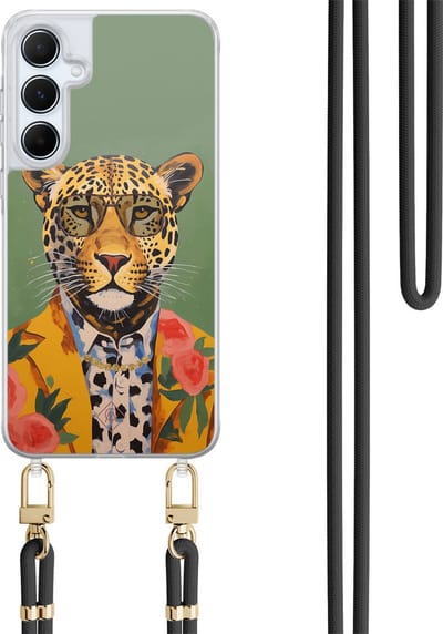 Casimoda® hoesje met koord - Geschikt voor Samsung A15 - Luipaard Hipster - Afneembaar koord - TPU/polycarbonaat - Groen
