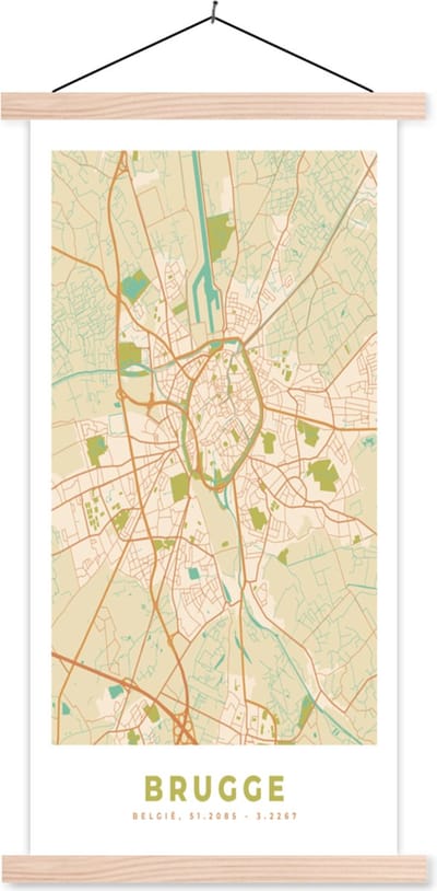 Posterhanger incl. Poster 60x120 cm - Schoolplaat - Brugge - Stadskaart - Plattegrond - Kaart - Brugge - Textielposter - Blanke latten - Stadskaart