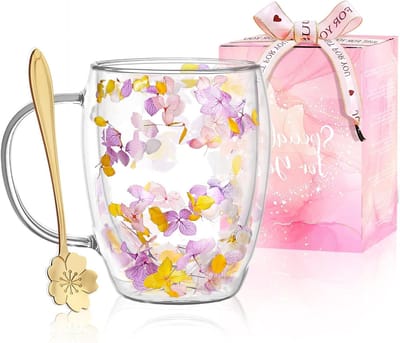 Stijlvolle Dubbelwandige Glazen Koffiemokken met Handvatten voor Espresso, Cappuccino en Thee, Warmtebestendige en Isolerende Mokken met Droogbloemen Design