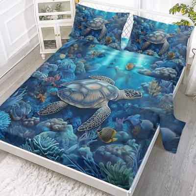 4-delige lakenset Voor Zeeschildpadden, Inclusief 1 Hoeslaken, 1 Extra Groot Hoeslaken, 2 Kussenslopen (Blauwe Toon, Zeezicht) 203cmx152cm