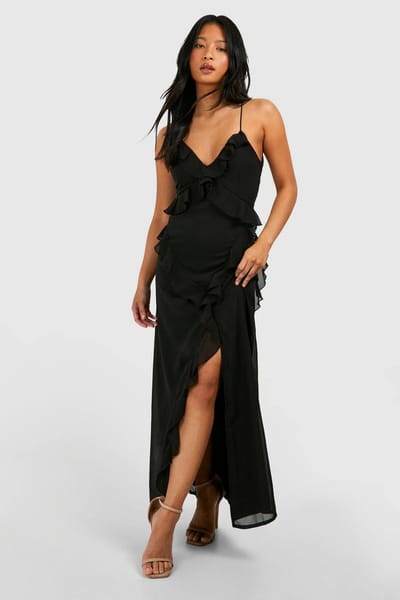 boohoo Dames Petite Chiffon Ruffle Maxi-jurk | Zwart | Maat: 38