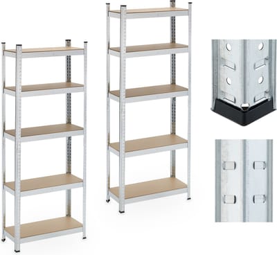 stellingkast set van 2 - 5 planken - 180x70x30 cm - tot 500 kg - staal - kelder - zilver