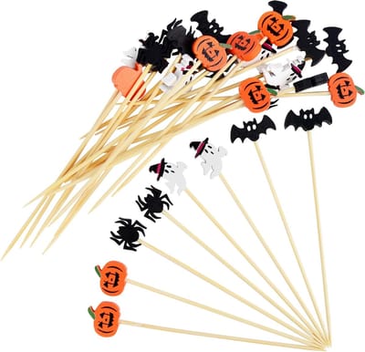 Set van 100 Houten Cocktailprikkers voor Halloween, Versierd met Spin en Pompoen, Ideaal voor Feestdecoratie en Horror Thema Party's