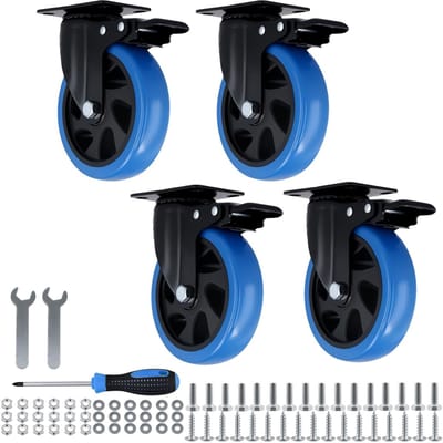 Dailygoods - 4 stuks 125 mm zware wielen tot 130 kg, meubelwielen met rem, blauw, bokwielen, zware belasting, transportwielen, 360 graden rotatie voor meubeltransport, industrie