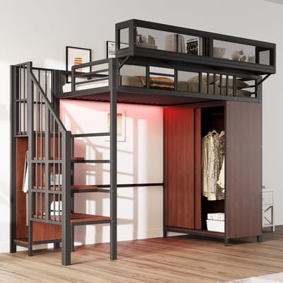 Sweiko Hoogslaper - 90 × 200 cm - Metalen frame - Met kledingkast - LED-verlichting - Kinderbed - Zwart