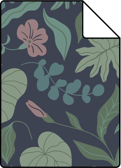 Proefstaal ESTAhome behang bladeren en bloemen donkerblauw, groen en roze - 26.5 x 21 cm - 131054-S