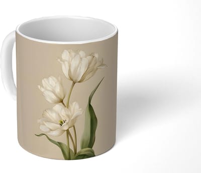 Mok - Koffiemok - Tulpen - Wit - Bladeren - Mokken - 350 ML - Beker - Koffiemokken - Theemok