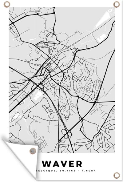 Muurdecoratie Stadskaart – Zwart Wit - Kaart – Waver – België – Plattegrond - 120x180 cm - Tuinposter - Tuindoek
