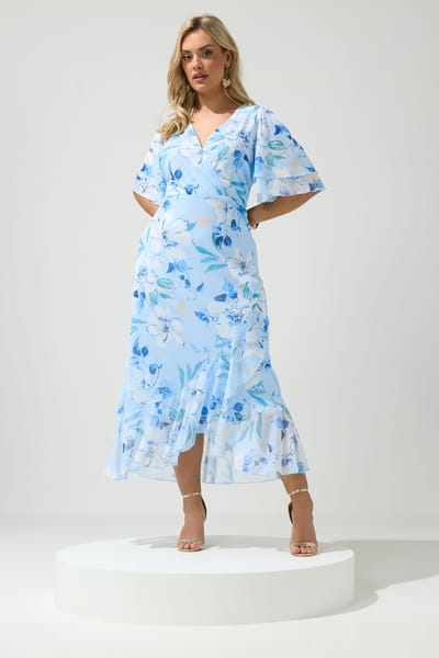 Yours London Blauwe Wikkeljurk Met Bloemenprint En Ruchezoom Size 40