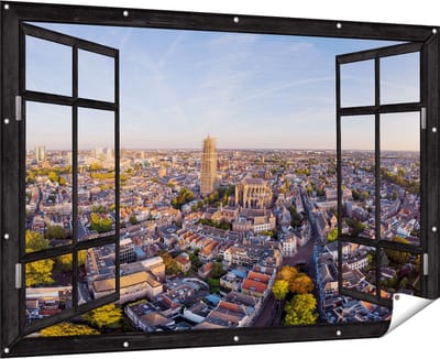 Gards Tuinposter Doorkijk Utrecht vanuit de Lucht - 180x120 cm - Tuindoek - Tuindecoratie - Wanddecoratie buiten - Tuinschilderij