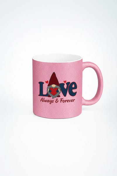 Roze Glitter Mok met 'Love Always & Forever' en Kabouter - Valentijnsdag Cadeau