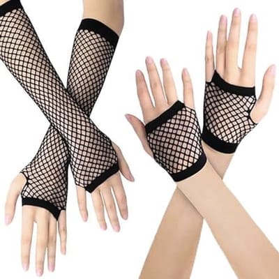 Vingerloze visnet handschoenen in 2 maten voor 80er jaren themafeest, Halloween en cosplay kostuum voor vrouwen