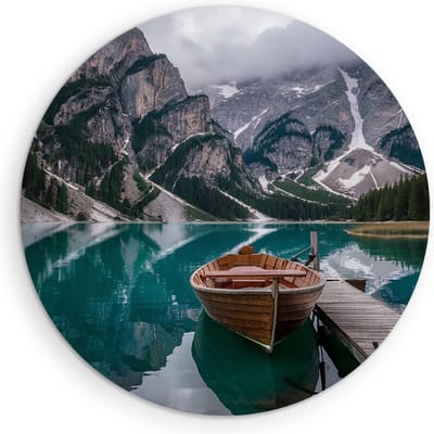 Saammp Muurcirkel Hout - Boot in de dolomieten - Landschap - Natuur - Ø 90 - Wandcirkel - Wanddecoratie Cirkel - Muurdecoratie Woonkamer - Slaapkamer decoratie - Rond Schilderij