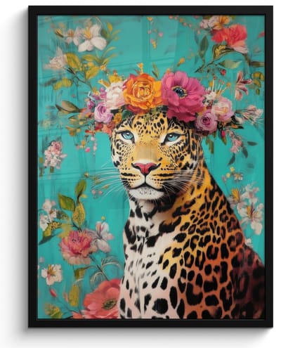 Poster in lijst - Fotolijst 50x70 cm - Posters - Luipaard - Bloemen - Kroon - Posterlijst zwart - Decoratie - Wanddecoratie woonkamer - Muurdecoratie slaapkamer