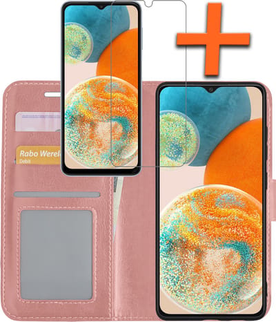 Hoes - Met Screenprotector - Geschikt voor Samsung Galaxy A23 - Luxe Pasjeshouder - Bookcase Portemonee - Flip Case - Kunstleer Book Case - Flipcase - Book Cover - Walletcase - PortemonneeHoes - Rosé goud