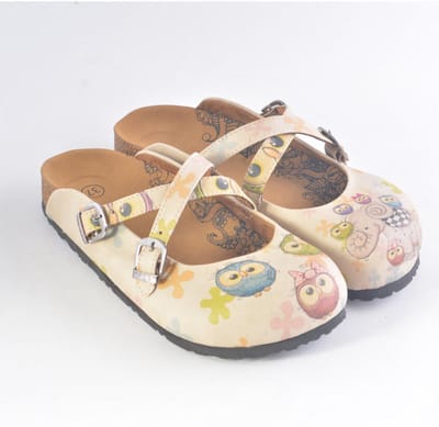 Goby Dames Clogs – Uil en Olifant Print – Handgemaakt Vegan Leer – Comfortabele Damesklompen – Maat 41