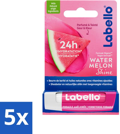 Labello Lippenbalsem Blister Watermelon Shine 4.8 gr - Bulkverpakking - 5 stuks