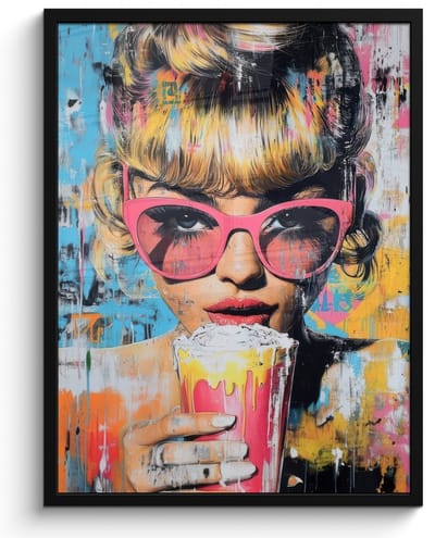 Poster in lijst - Fotolijst 60x80 cm - Posters - Zonnebril - Vrouw - Kleurrijk - Verfspetters - Posterlijst zwart - Decoratie - Wanddecoratie woonkamer - Muurdecoratie slaapkamer