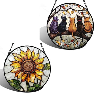 Zonnevanger van glas, 2 stuks, decoratieve ophangingen voor raam, rond ontwerp met kat en zonnebloem, sfeervolle tuinaccessoires, 15 cm groot