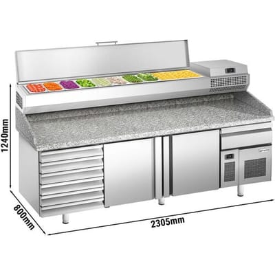 GGM Gastro Pizzakühltisch Premium PLUS - 2305x800mm - mit 2 Türen & 7 Schubladen - inkl. Kühlaufsatzvitrine - 10x GN 1/3 Zilver