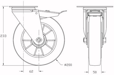 200 mm (8") zwenkwiel met zwart rubber en rem, draagvermogen 700 kg, set van 2