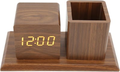 Houten LED Potloodhouder Klok met Stille Quartz Beweging, Temperatuur- en Kalenderweergave, Perfect voor Kantoor en Cadeaus, Mahonie met Rode en Witte Verlichting