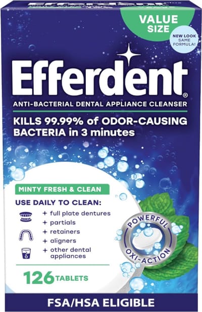 Efferdent Antibacteriële Reinigingstabletten voor Retainers 126 Stuks Voordeelverpakking (Minty Fresh & Clean) – Kunstgebit Reinigingstabletten voor Retainers, Nachtbeugels, Gebitsbeschermers, Aligners & Gebitsapparaten