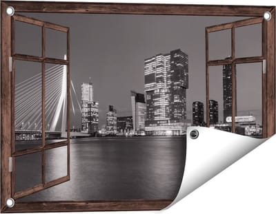 Gards Tuinposter Doorkijk Rotterdamse Skyline - Zwart Wit - 60x40 cm - Tuindoek - Tuindecoratie - Wanddecoratie buiten - Tuinschilderij